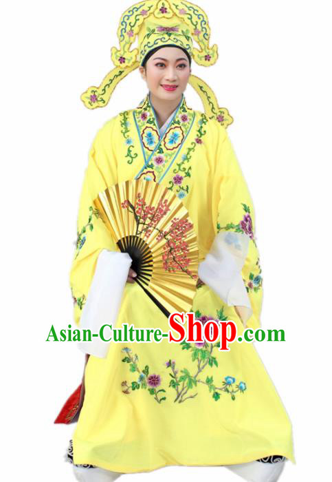 Chinese Ancient Nobility Childe Yellow Embroidered Robe Traditional Peking Opera Niche Costume for Men
