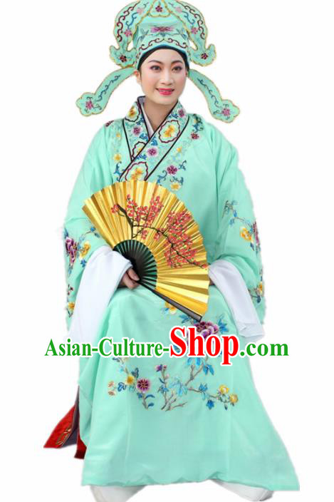Chinese Ancient Nobility Childe Light Green Embroidered Robe Traditional Peking Opera Niche Costume for Men