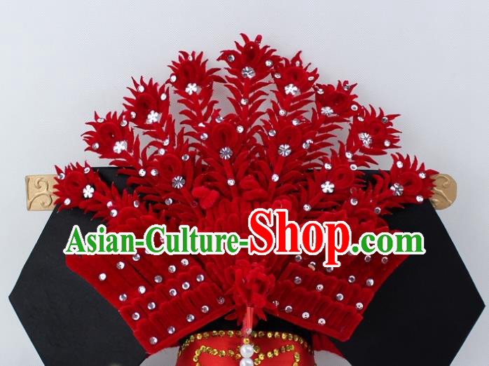 Chinese Ancient Qing Dynasty Queen Red Velvet Phoenix Hairpins Traditional Peking Opera Artiste Headwear for Women