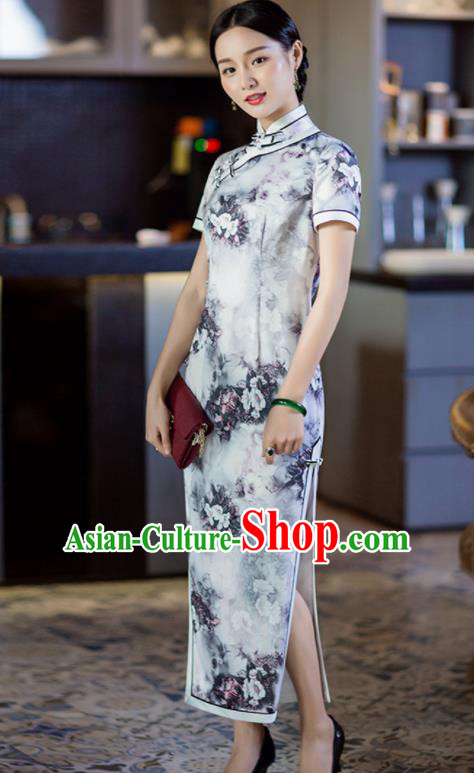 Chinese Traditional Tang Suit White Silk Qipao Dress National Costume Cheongsam for Women