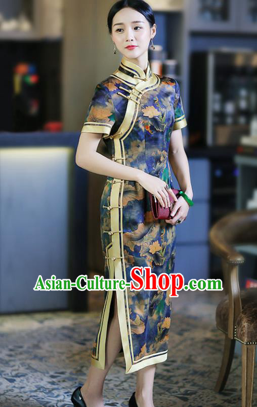 Chinese Traditional Tang Suit Printing Lotus Blue Silk Qipao Dress National Costume Cheongsam for Women