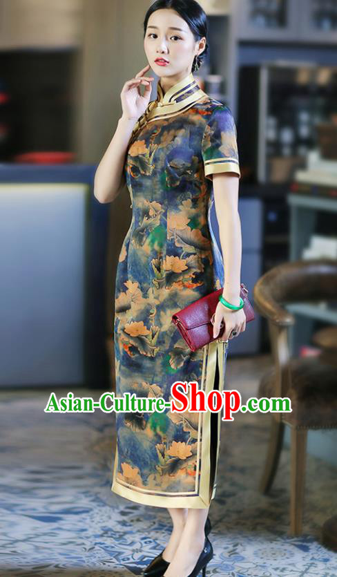 Chinese Traditional Tang Suit Printing Lotus Blue Silk Qipao Dress National Costume Cheongsam for Women