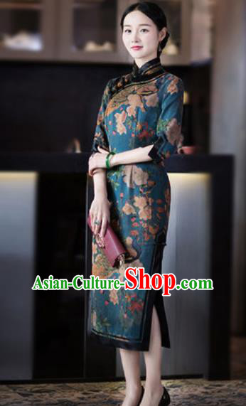 Chinese Traditional Tang Suit Silk Qipao Dress National Costume Printing Cheongsam for Women
