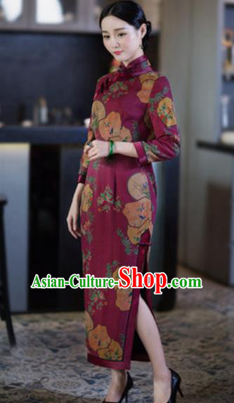 Chinese Traditional Tang Suit Wine Red Qipao Dress National Costume Printing Cheongsam for Women