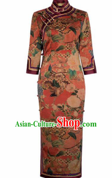Chinese Traditional Tang Suit Qipao Dress National Costume Printing Orange Cheongsam for Women