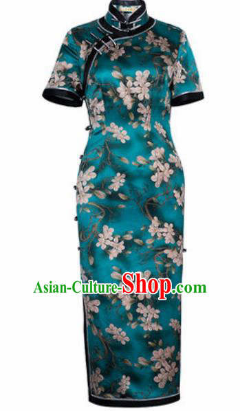Chinese Traditional Tang Suit Qipao Dress National Costume Printing Green Cheongsam for Women