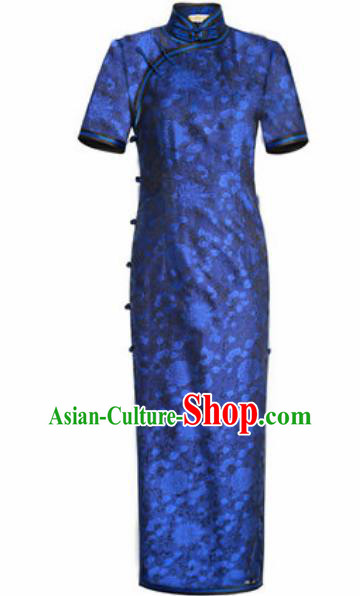 Chinese Traditional Tang Suit Qipao Dress National Costume Blue Silk Cheongsam for Women
