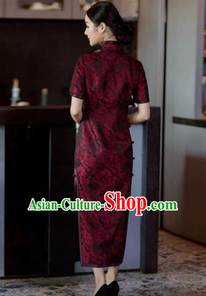 Chinese Traditional Tang Suit Qipao Dress National Costume Purplish Red Silk Cheongsam for Women