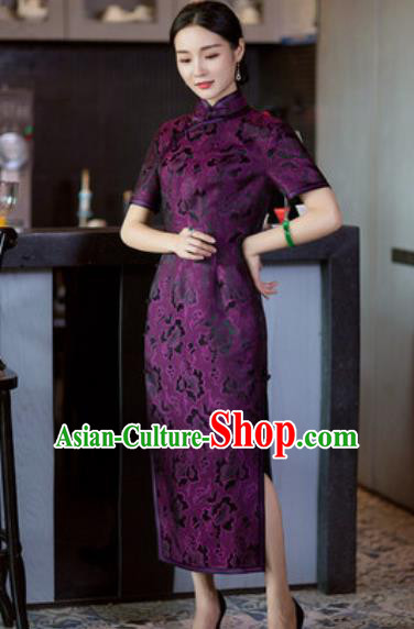 Chinese Traditional Tang Suit Qipao Dress National Costume Purple Silk Cheongsam for Women