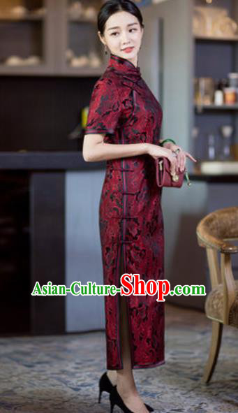 Chinese Traditional Tang Suit Qipao Dress National Costume Red Silk Cheongsam for Women