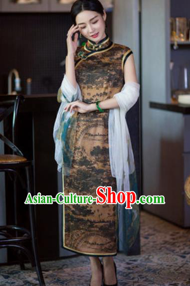 Chinese Traditional Tang Suit Qipao Dress National Costume Brown Silk Cheongsam for Women