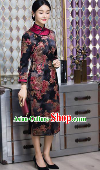 Chinese Traditional Printing Peony Black Cheongsam Tang Suit Qipao Dress National Costume for Women