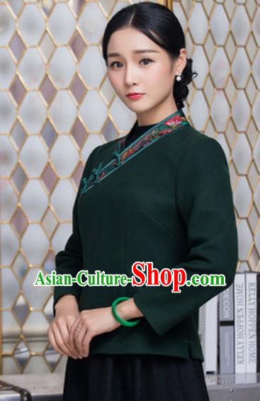 Chinese Traditional Tang Suit Upper Outer Garment Qipao Deep Green Blouse National Costume for Women