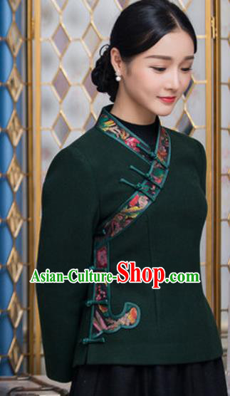 Chinese Traditional Tang Suit Upper Outer Garment Qipao Deep Green Blouse National Costume for Women