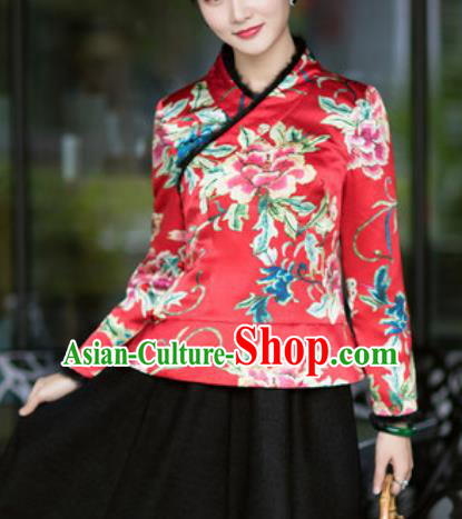 Chinese Traditional Tang Suit Upper Outer Garment Printing Peony Red Silk Jacket National Costume for Women