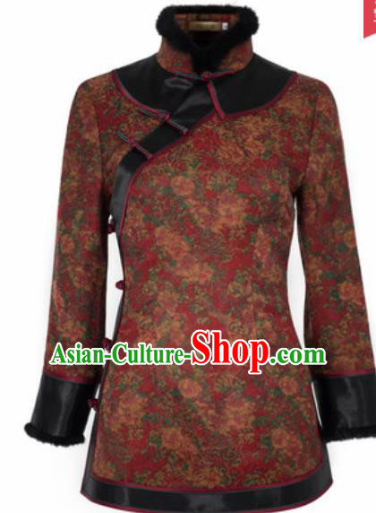 Chinese Traditional Tang Suit Upper Outer Garment Printing Red Blouse National Costume for Women
