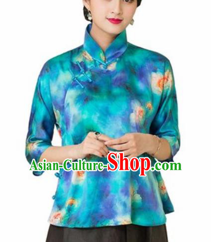 Chinese Traditional Tang Suit Upper Outer Garment Printing Blue Silk Blouse National Costume for Women