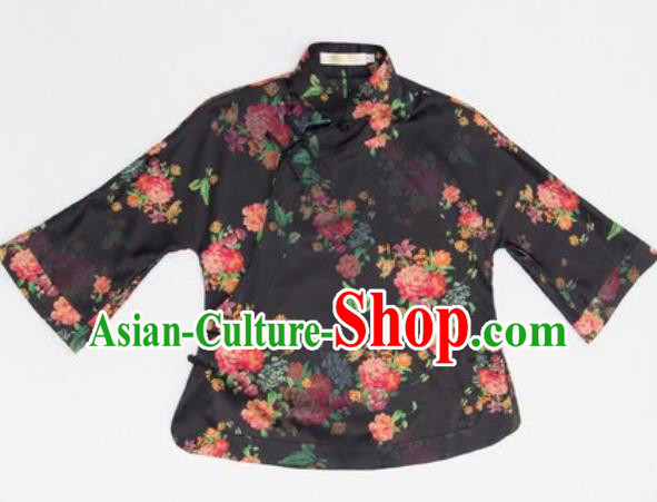 Chinese Traditional Tang Suit Upper Outer Garment Printing Black Silk Blouse National Costume for Women
