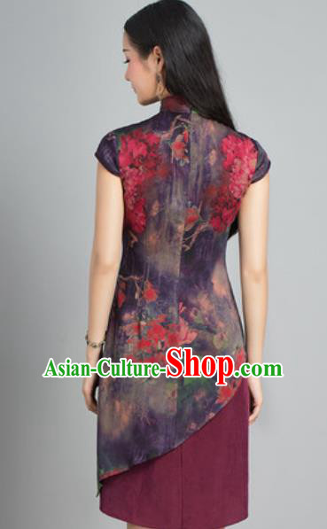 Chinese Traditional Printing Peony Purple Silk Cheongsam Tang Suit Qipao Dress National Costume for Women