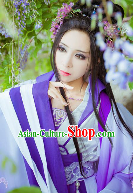 Chinese Traditional Cosplay Peri Goddess Costume Ancient Imperial Consort Purple Hanfu Dress for Women