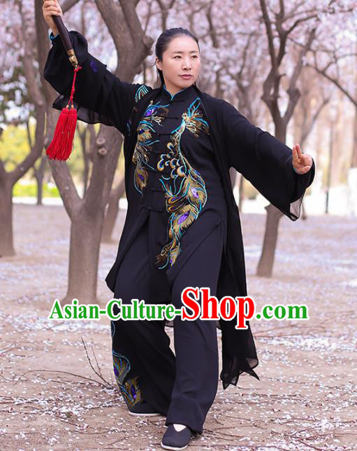 Chinese Traditional Martial Arts Costume Kung Fu Tai Chi Embroidered Phoenix Black Clothing for Women