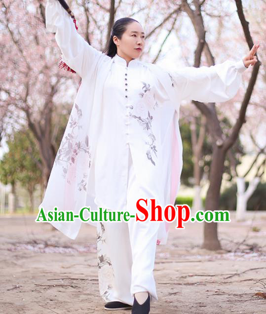 Chinese Traditional Martial Arts Costume Kung Fu Tai Chi Printing Peony White Clothing for Women