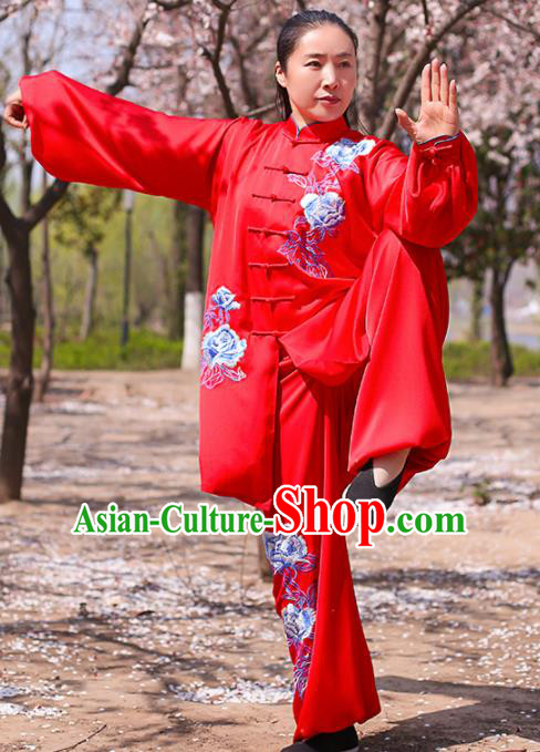 Chinese Traditional Martial Arts Costume Kung Fu Tai Chi Printing Peony Red Clothing for Women