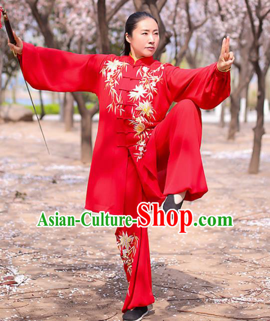 Chinese Traditional Martial Arts Competition Costume Kung Fu Tai Chi Embroidered Bamboo Red Clothing for Women