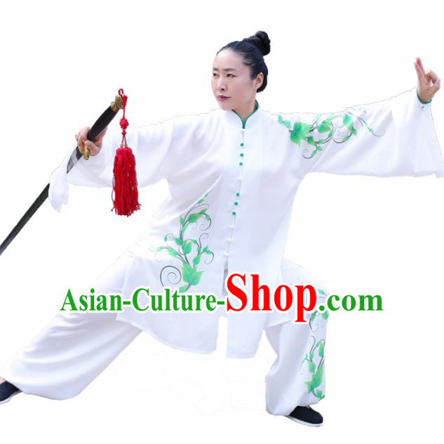 Chinese Traditional Kung Fu Competition Costume Martial Arts Tai Chi Printing Green Leaf Clothing for Women