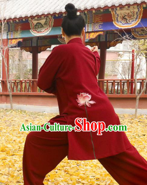 Chinese Traditional Kung Fu Competition Costume Martial Arts Tai Chi Printing Lotus Red Clothing for Women