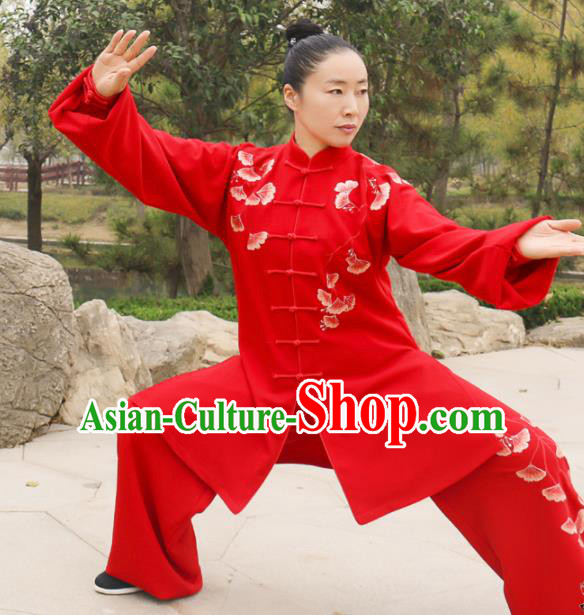 Chinese Traditional Kung Fu Competition Costume Martial Arts Tai Chi Embroidered Ginkgo Leaf Red Clothing for Women