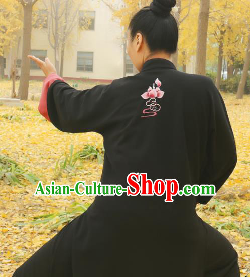 Chinese Traditional Kung Fu Competition Black Costume Martial Arts Tai Chi Embroidered Lotus Clothing for Women