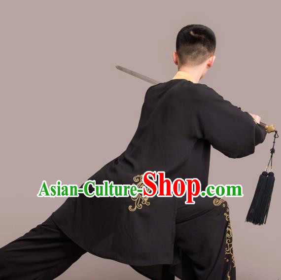 Chinese Traditional Kung Fu Competition Black Costume Martial Arts Embroidered Clothing for Men