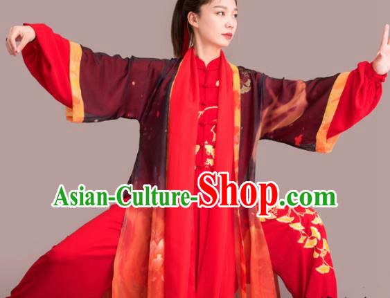 Chinese Traditional Kung Fu Competition Embroidered Ginkgo Leaf Red Costume Martial Arts Tai Chi Clothing for Women