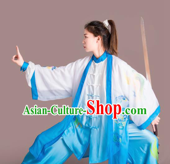 Chinese Traditional Kung Fu Competition Embroidered Clouds Blue Costume Martial Arts Tai Chi Clothing for Women