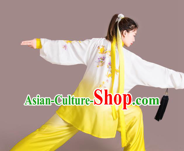 Chinese Traditional Kung Fu Competition Embroidered Peony Yellow Costume Martial Arts Tai Chi Clothing for Women