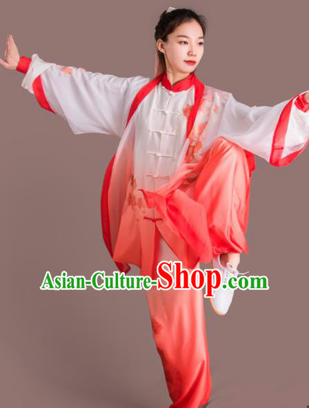 Chinese Traditional Kung Fu Competition Embroidered Flowers Red Costume Martial Arts Tai Chi Clothing for Women