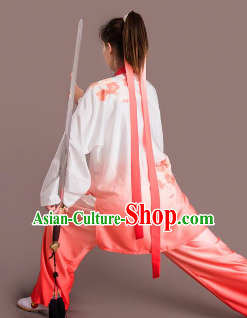Chinese Traditional Kung Fu Competition Embroidered Flowers Red Costume Martial Arts Tai Chi Clothing for Women