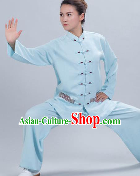 Chinese Traditional Kung Fu Competition Costume Tang Suit Tai Chi Blue Clothing for Women