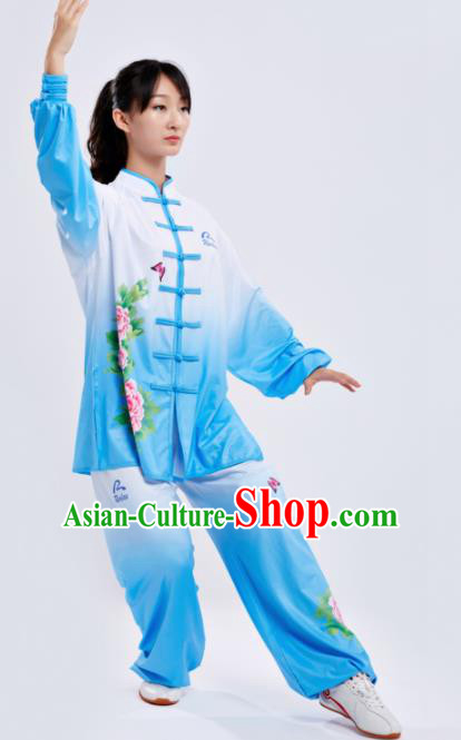 Chinese Traditional Kung Fu Competition Costume Martial Arts Tai Chi Printing Peony Blue Clothing for Women