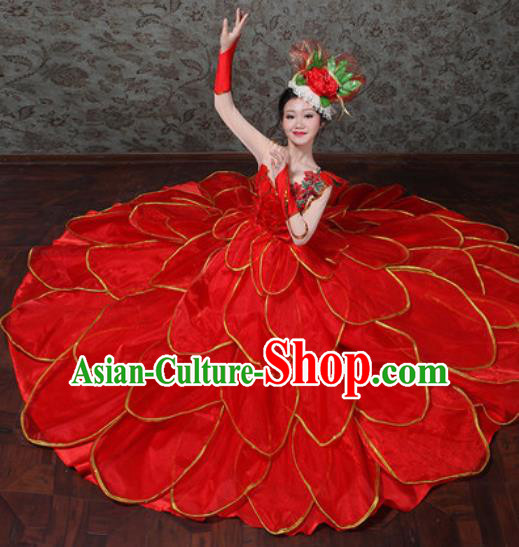 Chinese Traditional Spring Festival Gala Dance Costume Opening Dance Modern Dance Red Flower Dress for Women
