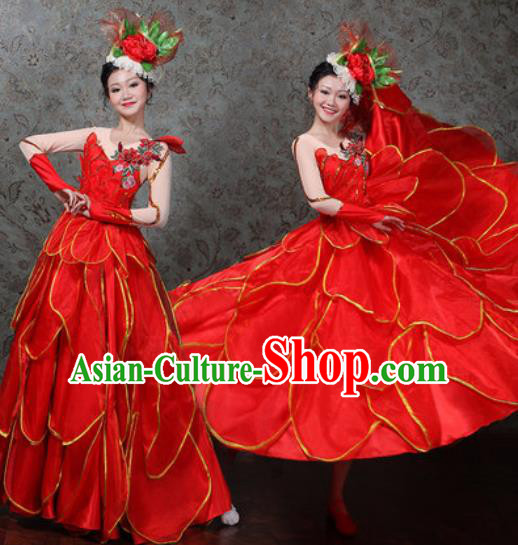 Chinese Traditional Spring Festival Gala Dance Costume Opening Dance Modern Dance Red Flower Dress for Women