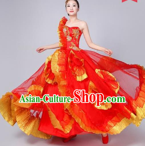 Chinese Traditional Spring Festival Gala Dance Costume Opening Dance Stage Performance Red Veil Dress for Women
