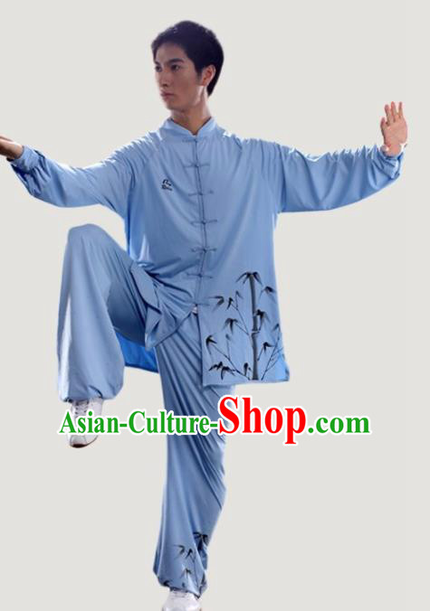 Chinese Traditional Kung Fu Competition Printing Bamboo Blue Costume Tai Chi Martial Arts Clothing for Men