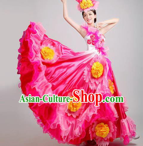 Chinese Traditional Opening Dance Peony Dance Rosy Dress Spring Festival Gala Stage Performance Costume for Women