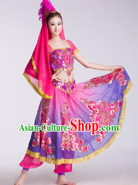 Chinese Traditional Ethnic Dance Costume Uyghur Nationality Dance Stage Performance Rosy Dress for Women