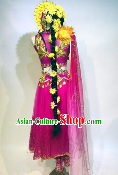 Chinese Traditional Ethnic Dance Costume Indian Dance Stage Performance Rosy Dress for Women