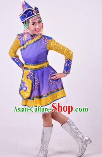 Chinese Traditional Ethnic Dance Costume Mongolian Dance Stage Performance Purple Dress for Women
