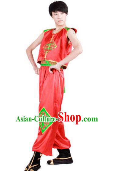 Chinese Traditional Classical Dance Costume Folk Dance Stage Performance Red Clothing for Men