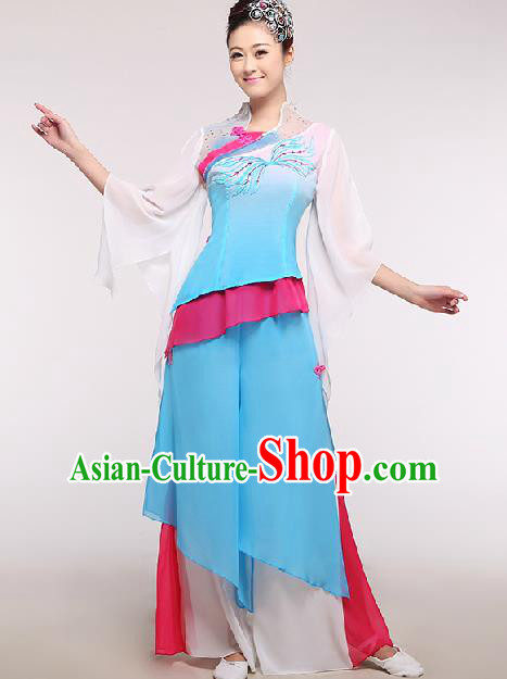 Chinese Traditional Fan Dance Costume Classical Dance Stage Performance Blue Dress for Women